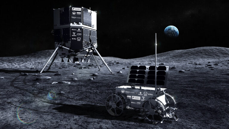 Impresión artística del módulo de aterrizaje RESILIENCE y el microrover TENACIOUS de ispace en la superficie lunar. Foto: Ispace.