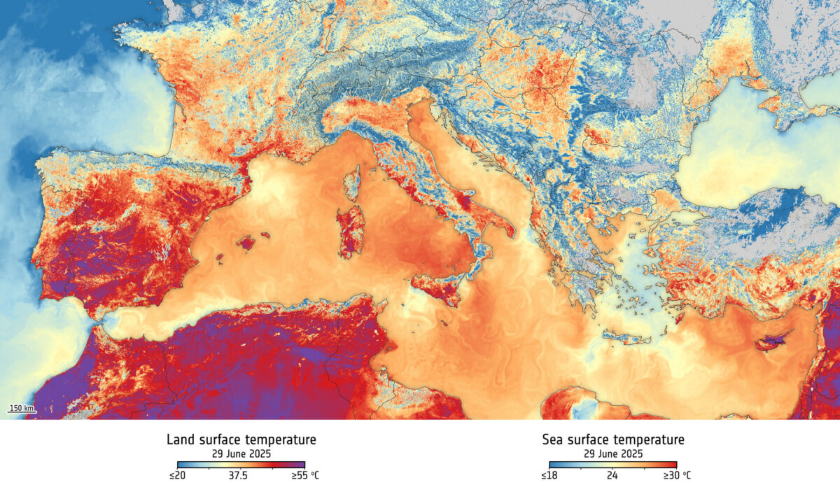 La ola de calor de Europa vista desde el espacio. Foto: ESA.